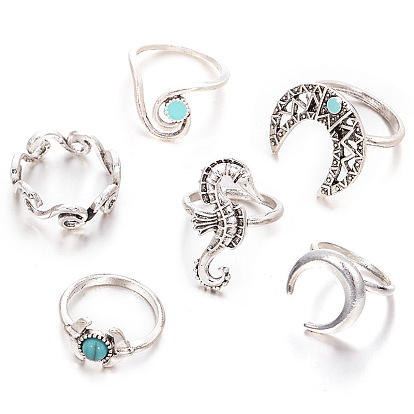 Jewelry joint ring exaggerated seahorse moon turquoise 6-piece ring set