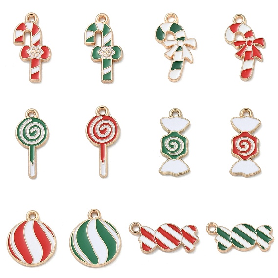 Новогодняя тема сплава эмали подвески, золотые, конфета/леденец/шарм в виде леденца