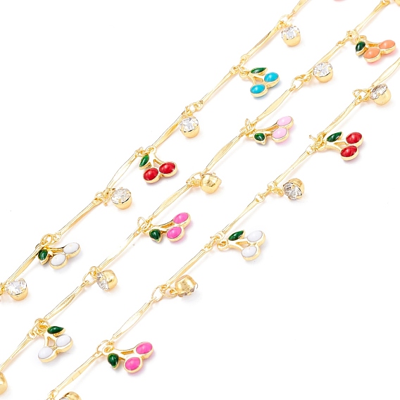 Handmade Brass Twisted Bar Link Chains, with Brass Enamel & Glass Charm, Cherry & Column, Long-Lasting Plated, Soldered, with Spool, Golden