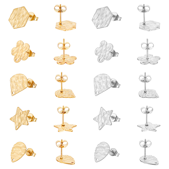 20 шт. 10 стиль 304 фурнитура для сережек-гвоздиков из нержавеющей стали с отверстием и гайками, шестиугольник, капля, веер и цветок