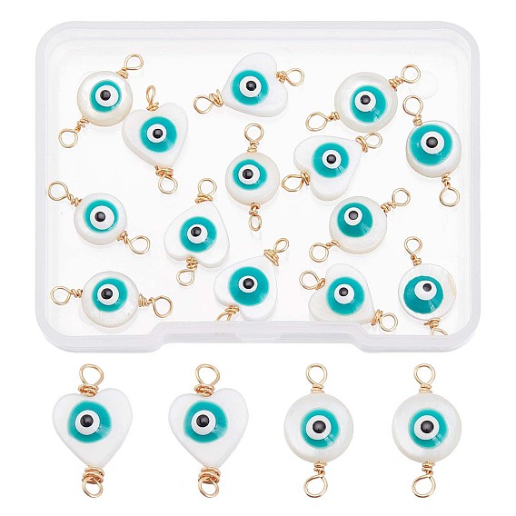 20Pcs 2 Style Natural Freshwater Shell Links, with Copper Wire, Evil Eye
