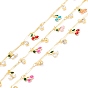 Handmade Brass Twisted Bar Link Chains, with Brass Enamel & Glass Charm, Cherry & Column, Long-Lasting Plated, Soldered, with Spool, Golden