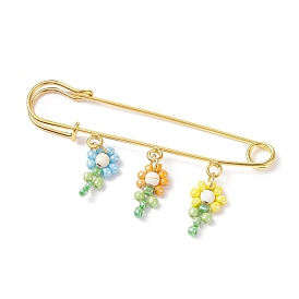 Glass Seed & Synthetic Turquoise Braided Flower of Life Charms Safety Pin Brooch, Gold Plated Iron Brooch Pin for Backpack Clothes