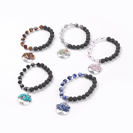 Natural Gemstone & Lava Rock Stretch Bracelets, with Alloy & Natural Gemstone Chip Pendants, Flat Round with Tree