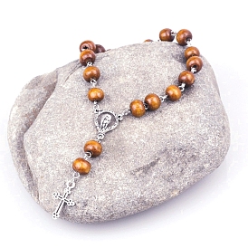 Bracelet à breloques croix en alliage, bracelet chapelet en bois