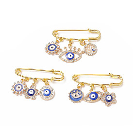 3Pcs 3 Style Iron Evil Eye Safety Pin Brooches, Rack Plating Alloy Enamel Flower & Tree & Sun Charms Lapel Pin for Women