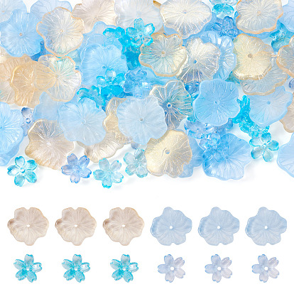 100шт. 4 стили, колпачки из прозрачного стеклянного бисера с покраской, запеченные в печи, 5-лепестков цветка, с блеском порошок