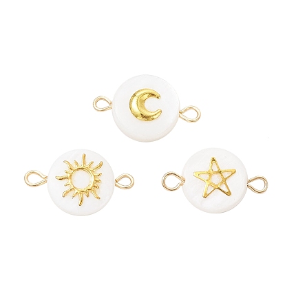 3 шт 3 стили натуральный пресноводный ракушка плоские круглые соединители подвески, с латунными пластинами солнца, луны и звезд и 304 двойными петлями из нержавеющей стали, золотые