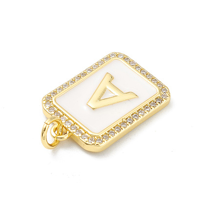 Brass Enamel Micro Pave Clear Cubic Zirconia Pendants, with Jump Ring, Real 18K Gold Plated, Rectangle with Letter Pattern Charm