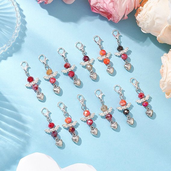 Подвеска в форме сердца ангела из сплава стекла, с карабин-лобстерами 