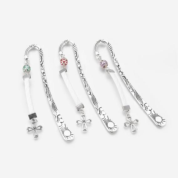 Tibetan Style Bookmarks/Hairpins, with Glass Pearl Beads and Korean PU Cord, Cross, 120mm