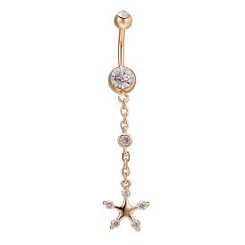Piercing Jewelry Real 18K Gold Plated Brass Rhinestone Star Navel Ring Belly Rings, 63x12mm