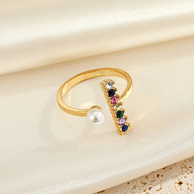 Chic Adjustable Pearl & Colored Diamond Rectangle Ring for Women