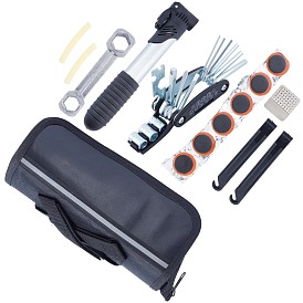 Kit d'outils de réparation de vélo, avec pompe à pneu de vélo, clé Allen, 16 dans 1 outils multifonctions, levier de pneu, râpe en métal, patchs sans colle et tubes en caoutchouc