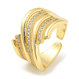 Brass Micro Pave Cubic Zirconia Open Cuff Ring, Twist Wave