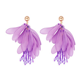 Bohemian Petal Earrings with Acrylic Beads and Tassels in Purple Violet Color