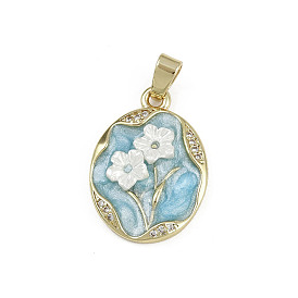 Латунь эмаль подвески, овальные с цветком, микропаве из кубического циркония и акрила, без кадмия и без свинца