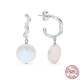 Rhodium Plated 925 Sterling Silver C Shape Dangle Stud Earrings, with Natural Pearl Flat Round Beads