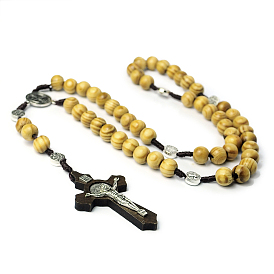 Rosary Bead Necklace for Easter, Alloy Crucifix Cross Pendant Necklace with Wood Beaded Chains for Women