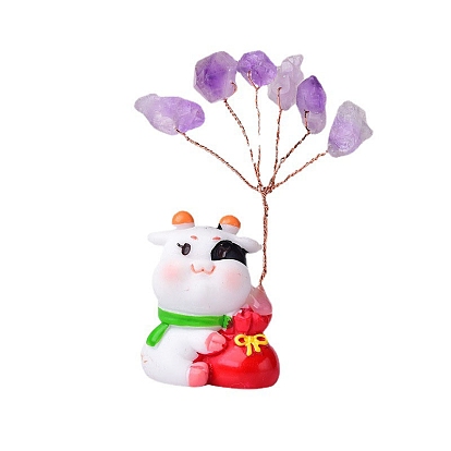 Décorations d'arbre en copeaux d'améthyste naturelle, Base de vache en résine, fil de cuivre, pierre énergétique feng shui, cadeau pour la décoration de la maison et du bureau