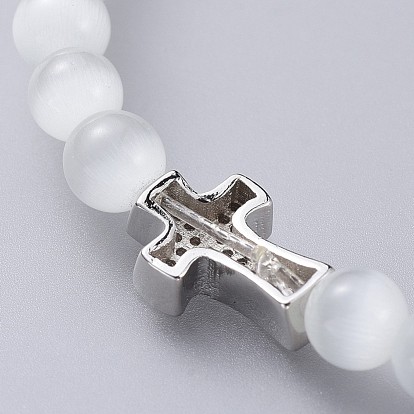 Cat Eye Stretch Bracelets, with Brass Micro Pave Cubic Zirconia Cross Beads