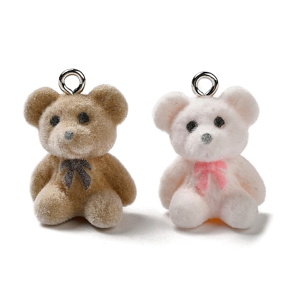 Opaque Resin Pendants, Flocky Bear Charms with Platinum Plated Iron Loops