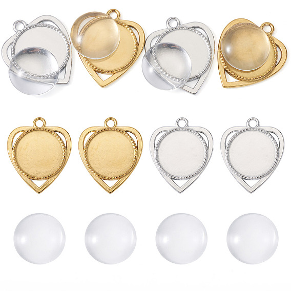 Наборы для изготовления подвесок в форме сердца своими руками, в том числе 4шт. 304 компонент подвески-кабошона из нержавеющей стали, 4 стеклянные кабошоны шт.