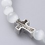 Cat Eye Stretch Bracelets, with Brass Micro Pave Cubic Zirconia Cross Beads