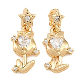Brass Micro Pave Clear Cubic Zirconia Pendants, Tulip with Star & Heart Charms
