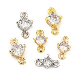 Rack Plating Brass Pave Clear Cubic Zirconia Links, Flat Round Connector Charms, Long-Lasting Plated, Lead Free & Cadmium Free