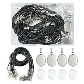 DIY Blank Dome Pendant Necklace Making Kit, Including Oval Stainless Steel Pendant Cabochons Setting, Waxed Cord Necklace Making, Transparent Glass Cabochons