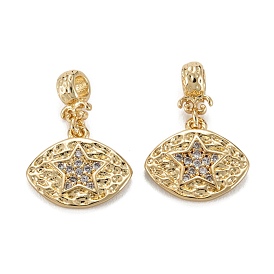 Brass Micro Pave Clear Cubic Zirconia Charms, with Ring, Long-Lasting Plated, Lead Free & Cadmium Free, Eye with Star Pattern, Large Hole Bead