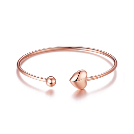 925 Sterling Silver Cuff Bangle, with Heart and Bead, Torque Bangles