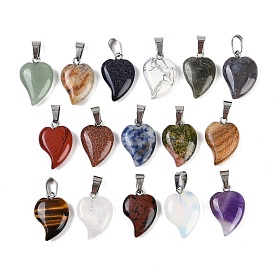 Gemstone Heart Pendants, Love Heart Charms with 304 Stainless Steel Snap on Bails, Stainless Steel Color