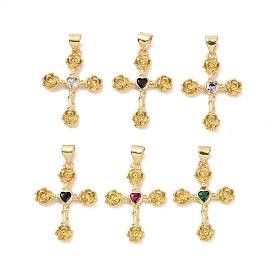 Cross with Flower Brass Micro Pave Cubic Zirconia Pendants, Cadmium Free & Nickel Free & Lead Free, Real 18K Gold Plated