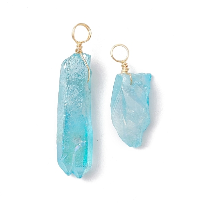 Electroplated Natural Quartz Crystal Pendants, Nuggets Charms with Eco-Friendly Copper Wire, Dyed