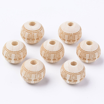 Unfinished Natural Wood European Beads, Large Hole Beads, for DIY Painting Craft, Laser Engraved Pattern, Round
