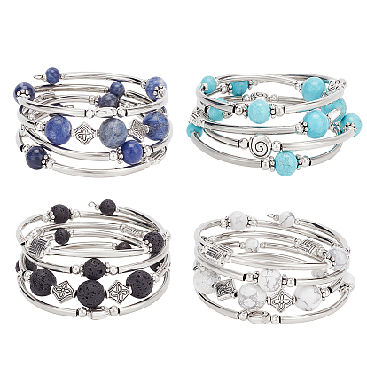 4шт 4 стиль натуральный смешанный драгоценный камень круглый бисерный браслет комплект, браслет из богемского сплава с несколькими петлями для женщин