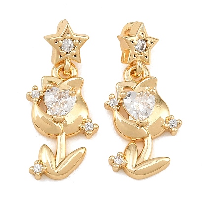 Brass Micro Pave Clear Cubic Zirconia Pendants, Tulip with Star & Heart Charms
