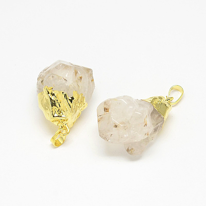 Natural Rutilated Quartz Pendants, with Golden Brass Findings, Nuggets