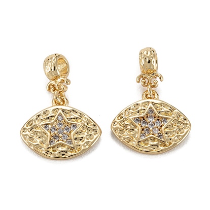 Brass Micro Pave Clear Cubic Zirconia Charms, with Ring, Long-Lasting Plated, Lead Free & Cadmium Free, Eye with Star Pattern, Large Hole Bead