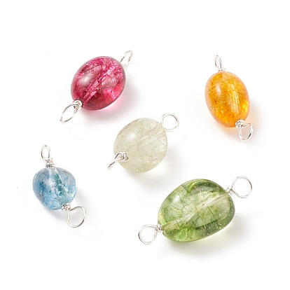 Natural Quartz Connector Charms, Twisted with Silver Tone Copper Wire, Dyed & Heated, Nuggets