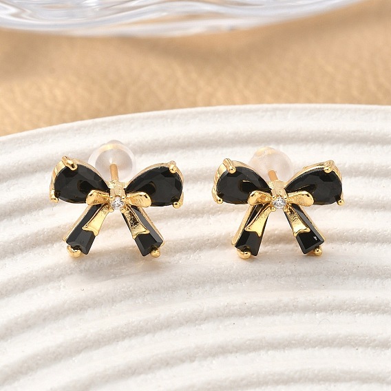 Серьги-гвоздики с бантом из латуни с микропаве из кубических цирконий, без никеля 