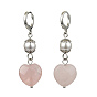Natural Rose Quartz Heart with Shell Pearl Dangle Leverback Earrings