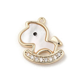 Brass Micro Pave Clear Cubic Zirconia Pendants, with Natural White Shell, Wooden Horse