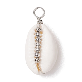 Natural Cowrie Shell Copper Wire Wrapped Round Brass Beads Pendants, Shell Shape Charms