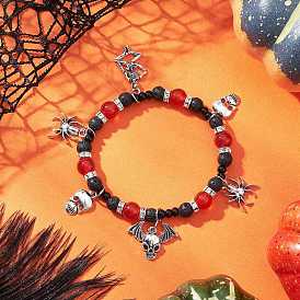 Браслеты с подвесками из сплава на Хэллоуин, браслеты из натуральных круглых бусин сердолика и лавы для мужчин и женщин, череп и паук