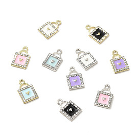 Alloy Enamel Pendants, with Crystal Rhinestone, Padlock with Heart Charms
