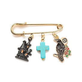Halloween Castle & Crow Alloy Enamel Charm Safety Pin with Synthetic Turquoise Cross, Brass Sweater Shawl Clips for Women, Golden