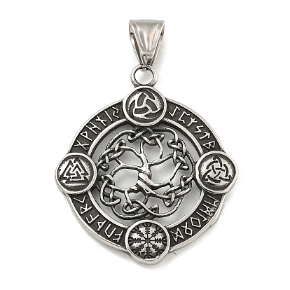 316 хирургические подвески из нержавеющей стали, плоский круглый с подвеской в виде руны и дерева